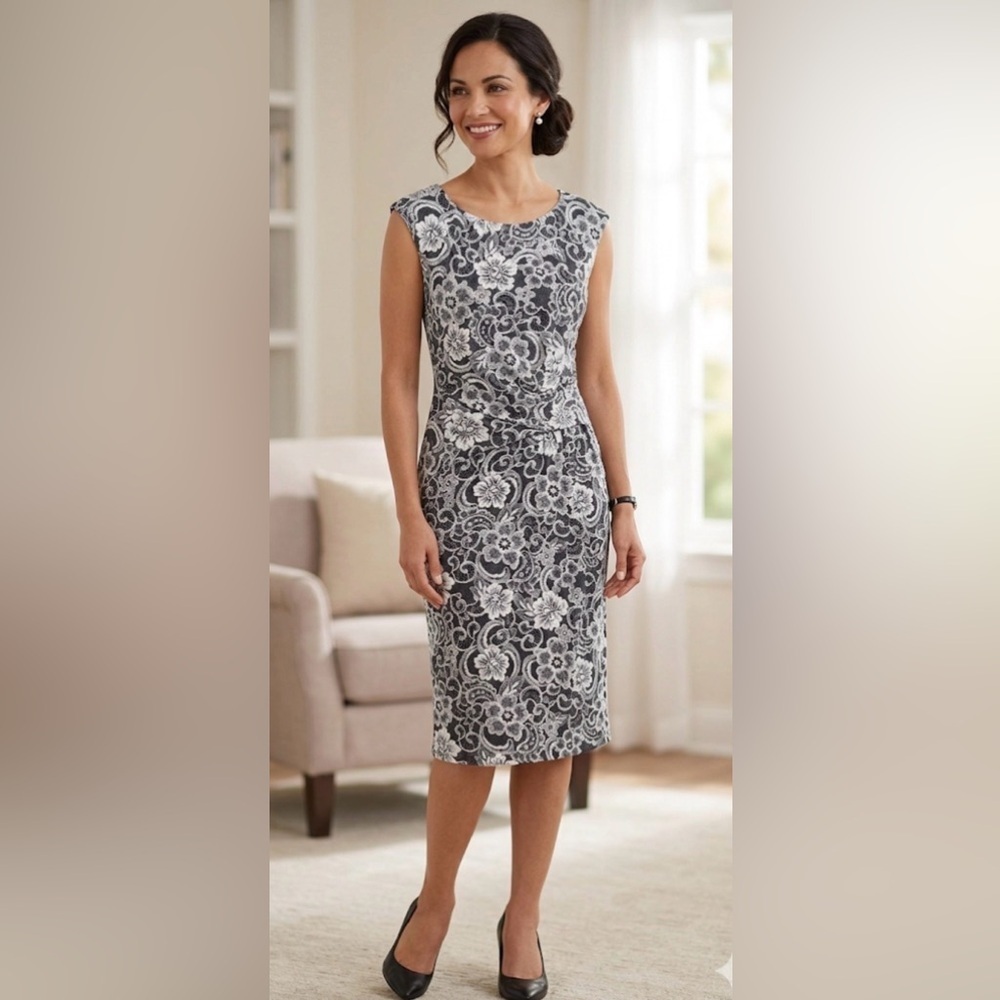 Anne Klein Black and White Floral Lace Patterned Midi Dress Size Medium NWT
